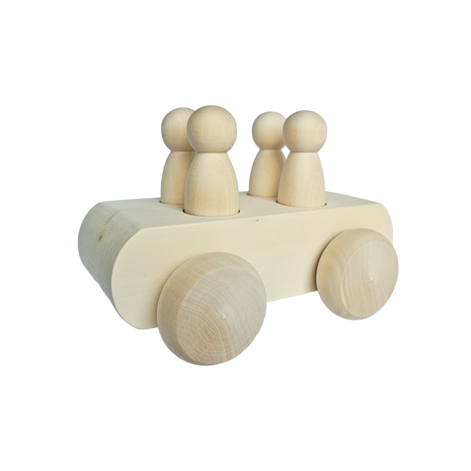 Wooden Car 4 Seater w/ Peg Dolls, Unfinished for DIY Toys